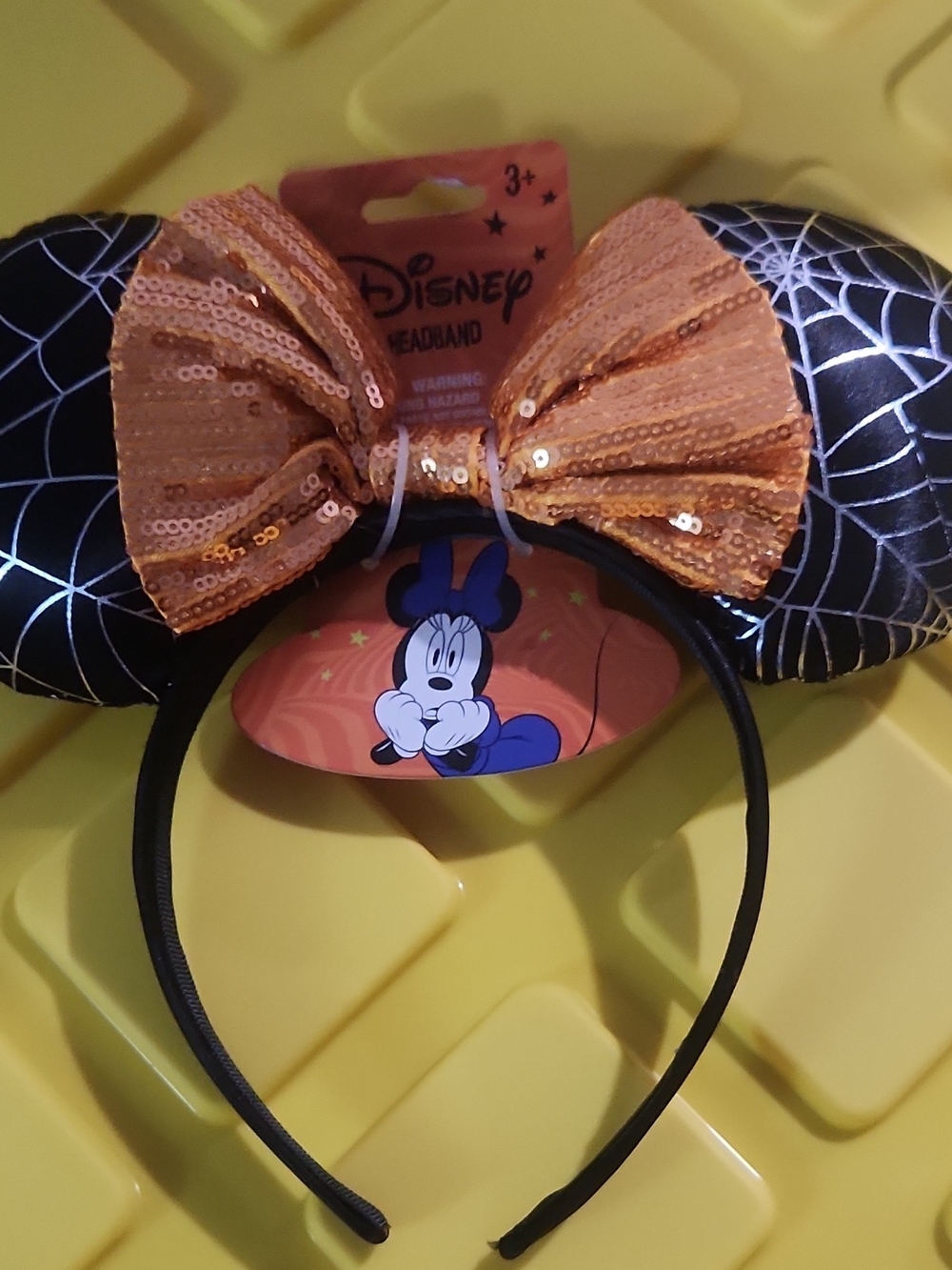 Disney Black Spiderweb Minnie Headband with Orange Sequin Bow